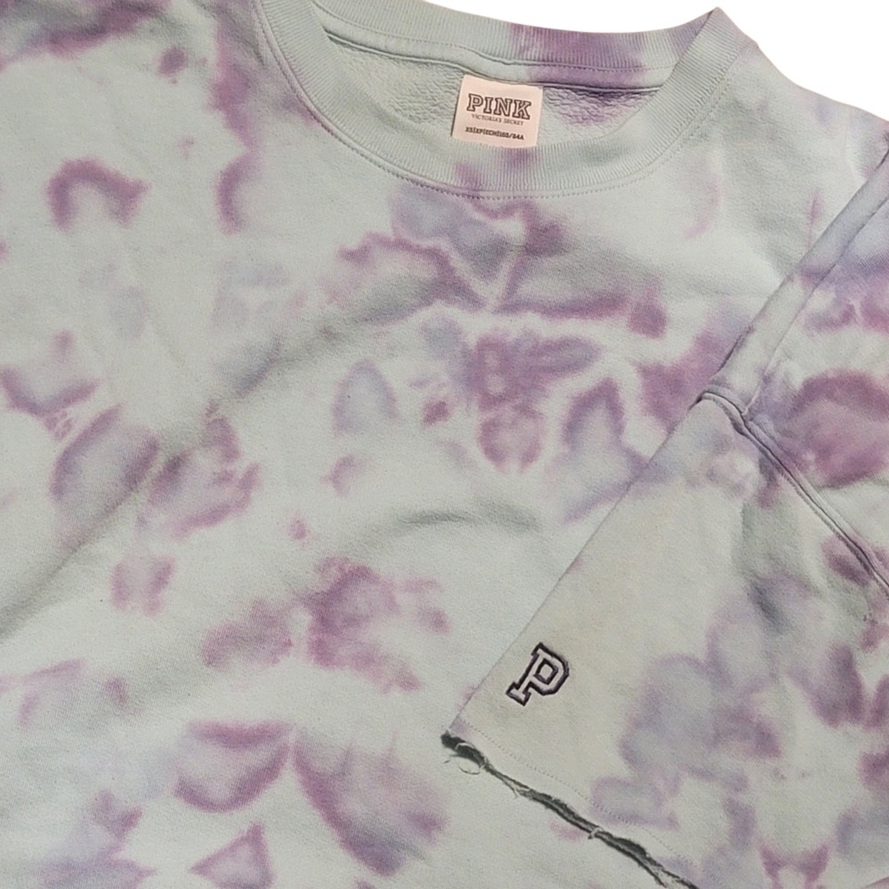 PINK Victoria's Secret Tie Dye Cropped Sweatshirt Blue Purple XS Short Sleeve - Picture 2 of 7